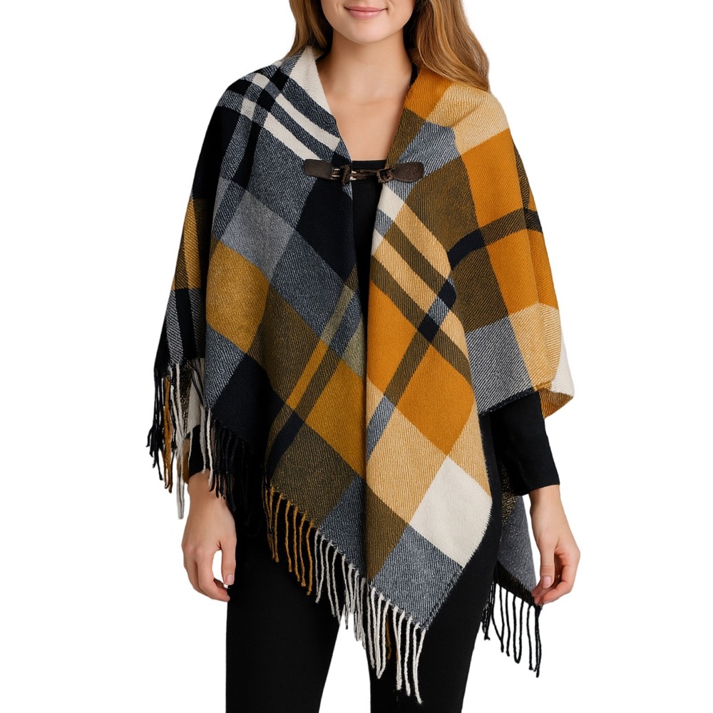Christopher & Banks Shawl Womens‎ One Size Plaid Cape Fringed Toggle Closure